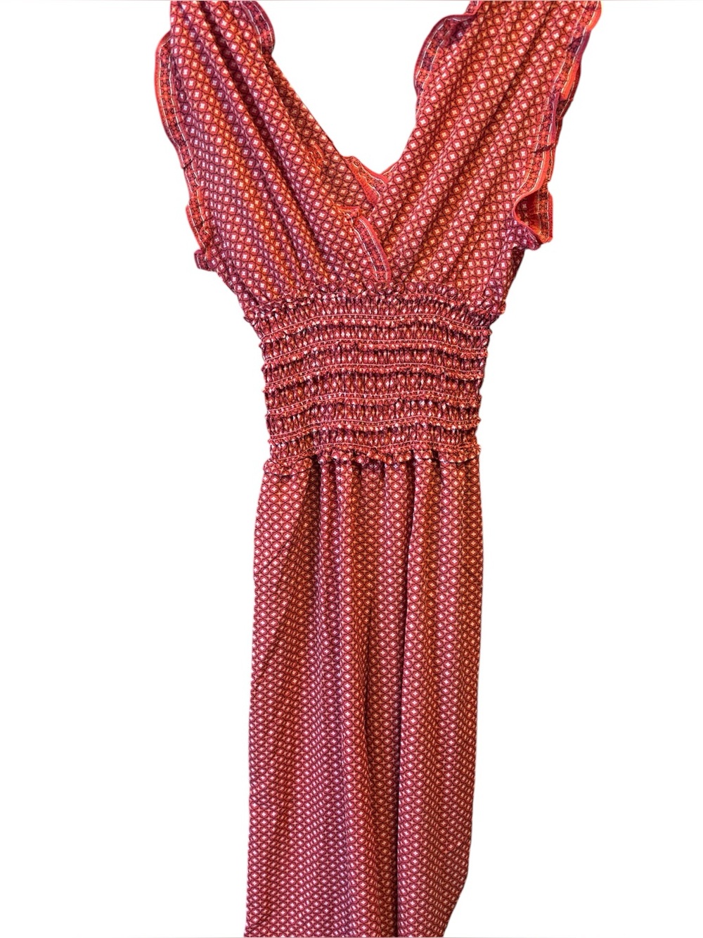 Max Studio Rust Red Patterned V-Neck Smocked jumper